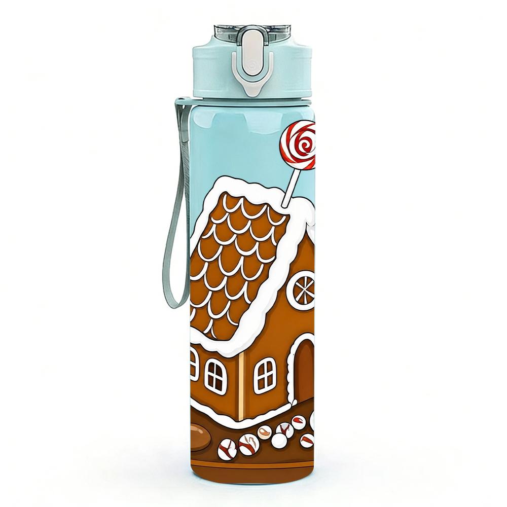 1PC Gingerbread House Candy Cane 750ml Color Plastic Sports Water Bottle Leakproof Flip Straw Lid Suitable for Sports Office Home Use