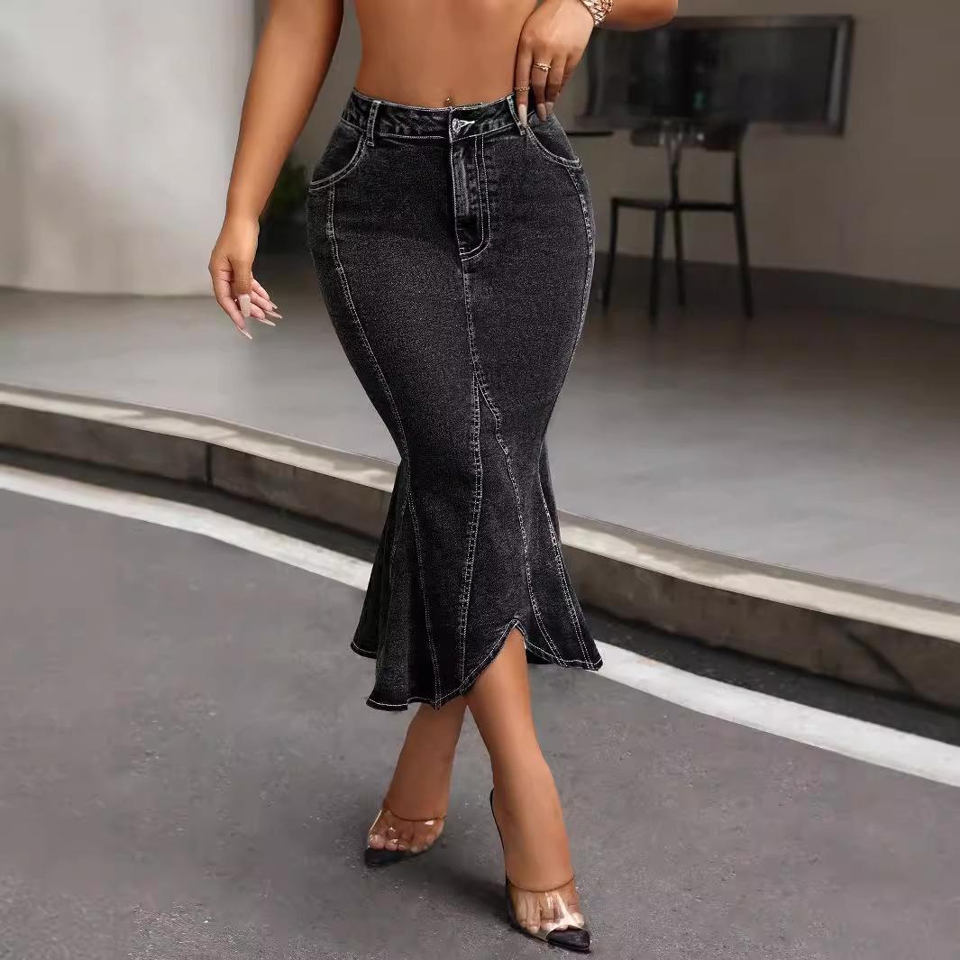 

European and American Women s Irregular Fishtail Denim Bodycon Midi Skirt S