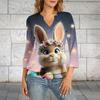 Damen 3/4 Ärmel Oberteil Saum V-Ausschnitt Sommer Freizeit T-Shirt Ostern Bedrucktes Oberteil
