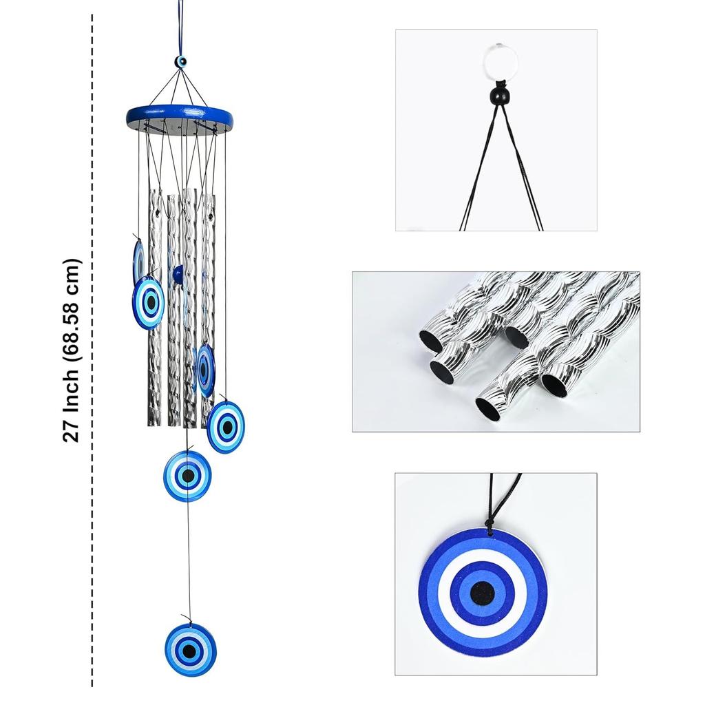 Evil Eye Wind Chimes for Home and Garden – Hanging Decoration Items Housewarming Gifts Room Décor for Living Room and Bedroom, 4 Silver Pipe