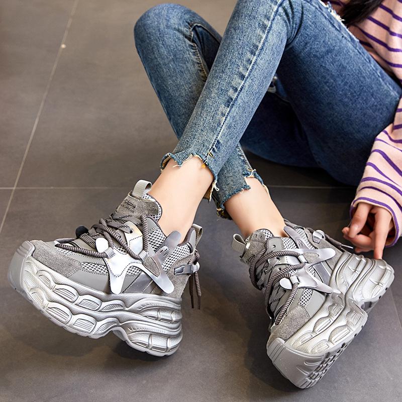 Women's Breathable Chunky Sneakers - 12cm Platform, Mesh, Small Size, A8951
