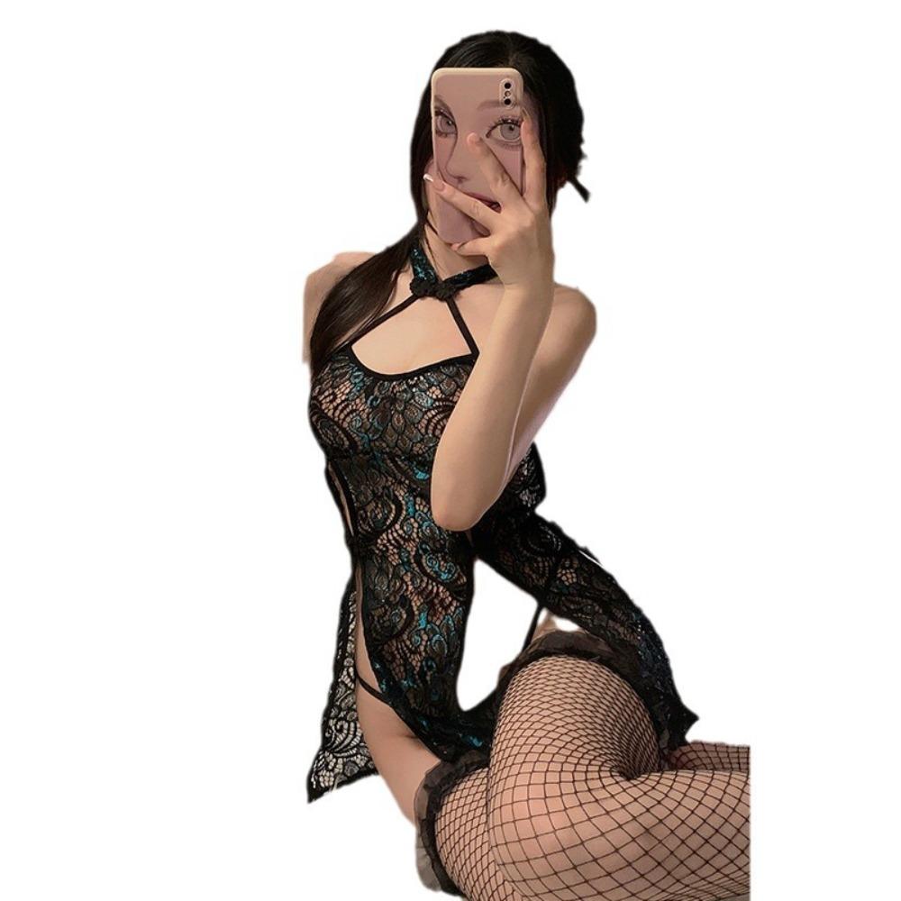 Domila Sexy Neck Retro Buckle Pure Split Perspective Mesh National Style Cheongsam Uniform Fun Set