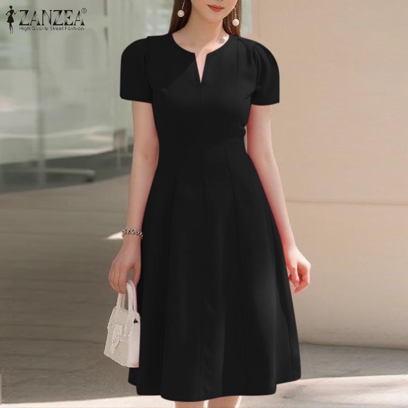 ZANZEA Women Casual V-Neck Summer Short Sleeve A-Line Dress