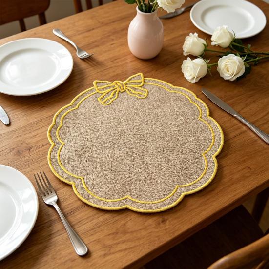Placemat with Petal Shape And Bow Embroidery Table Mat Round Heat Insulation Non-Slip Oil Resistant Placemat for Dining Room
