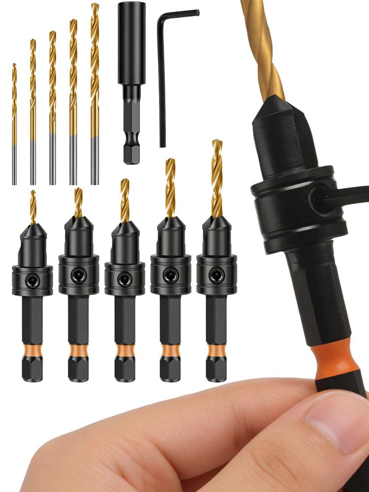 

5Pcs Countersink Drill Bit Set Adjustable Counter Sink Drill Bit #4, #6, #8, #10, #12 Magnetic Extension bit Holder for Woodwork