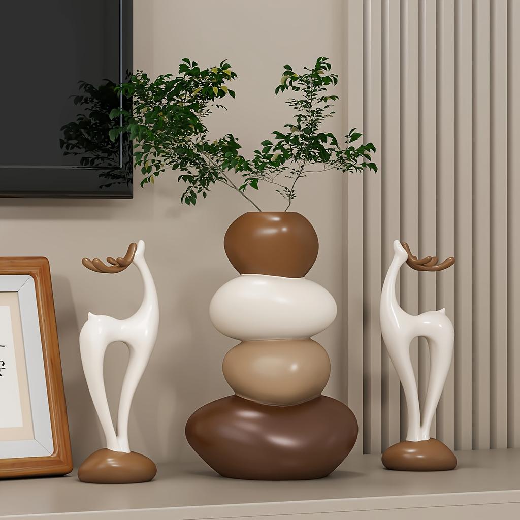 3pcs Creative Resin Stacked Stone Vase and Deer Collectible Figurine Set | Unique Christmas Gifts for Living Room, Bedroom, Office Desk, Bookshelf