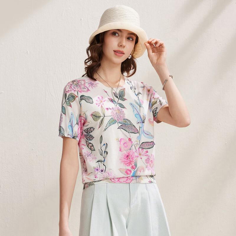 Zhaojun Women's Floral Print Round Neck Silk Blend Knit T-shirt