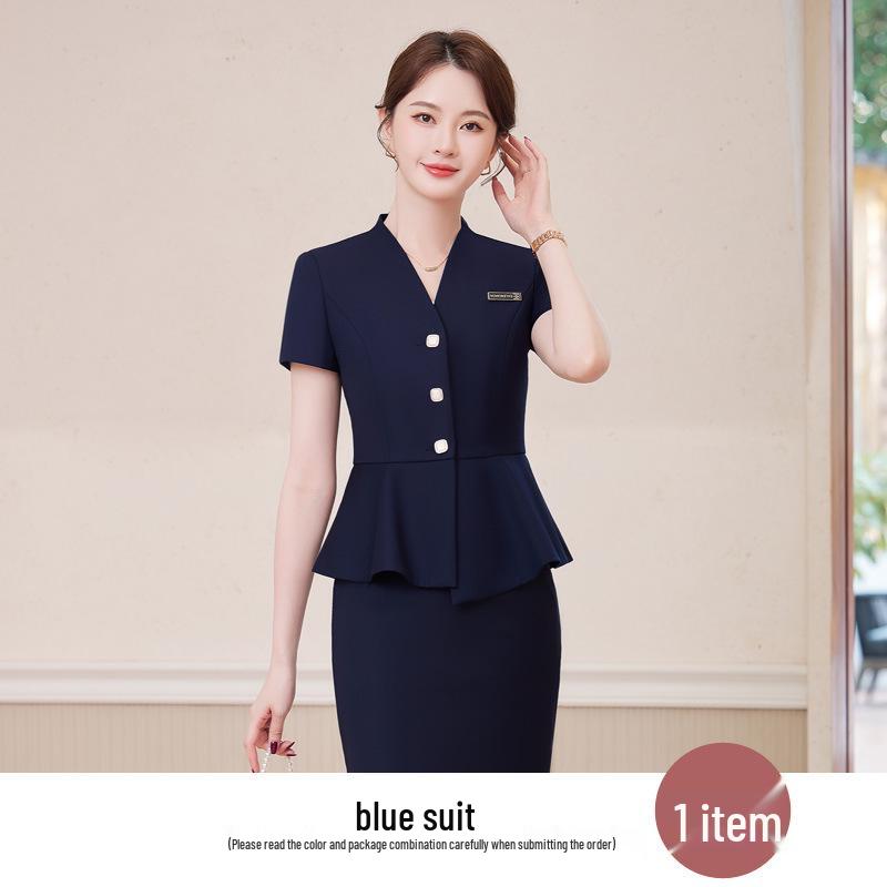 Set Profesional de Vară cu Mânecă Scurtă, Formal, din Două Piese, pentru Femei - Design Subțiere cu Volane