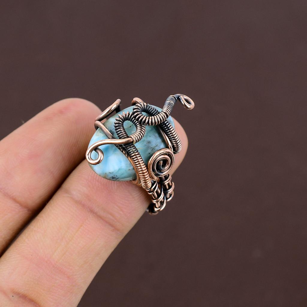 Natural Republic Larimar Gemstone Handmade Copper Wire Wrap Ring Size 7 T0d49