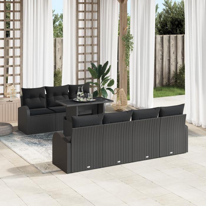Ensemble de Canapé de Jardin 8 Pièces avec Coussins Noir Poly Rattan, Canapé de Jardin 2 Places avec Rangement et Coussins 3357326