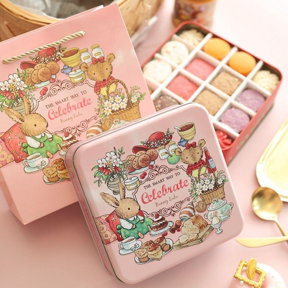 High Quality Cartoon Rabbit Iron Box Multicolor 17*17*6cm Cake Packaging Box Square with Lid Cookie Tin Money Contain