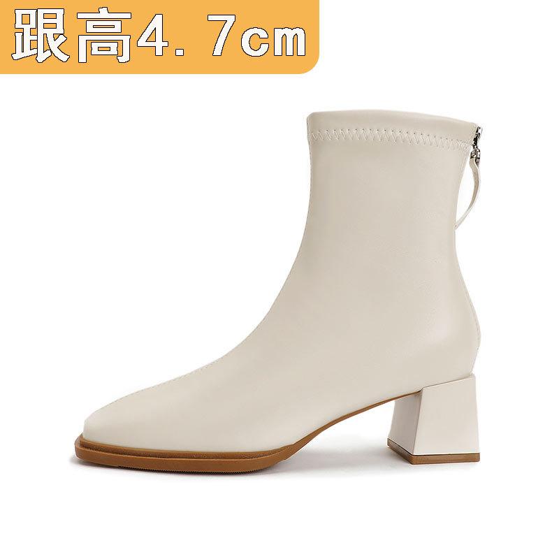 High-heeled short boots women's spring and autumn single boots 2024 autumn and winter new boots medium tube thick heel white bare boots square head th