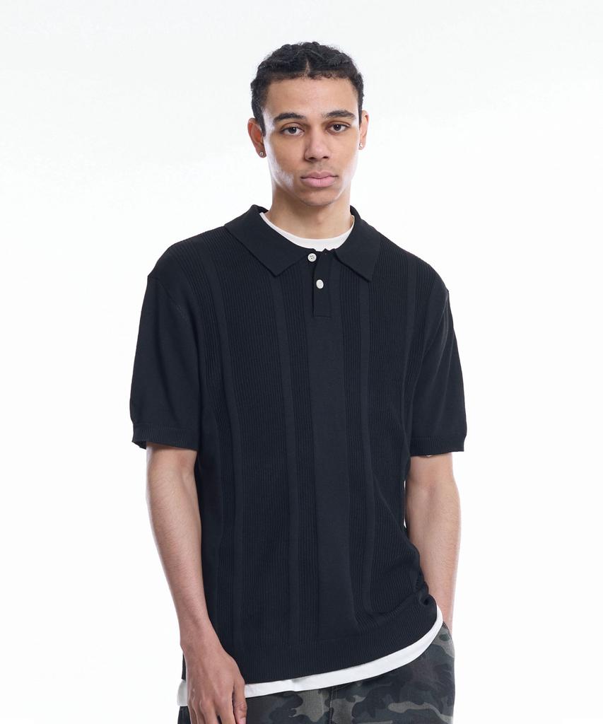 CREAM SODA LAB Daily Striped Collared Short Sleeve Knit Black