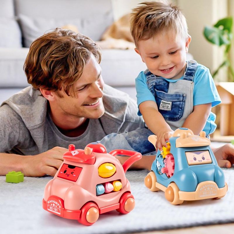 Non-Toxic Kid Pull Along Toy Walking Trolley Musical Light Up Car Toy Crawling To Walking Learning Toys Cartoon Polyhedral Trolley Car Toy