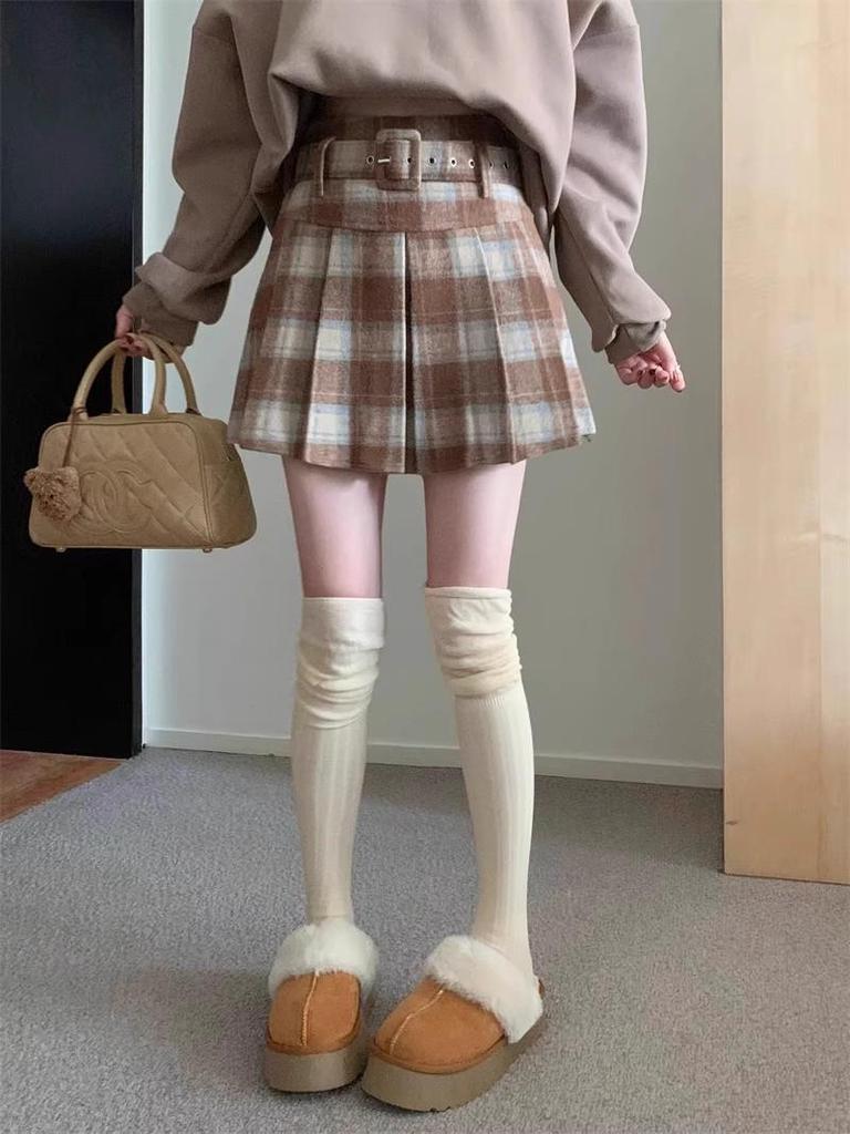 Women's Retro Plaid Wool-Blend A-Line Skirt: High Waist, Slimming, Pleated, Petite, for Spring/Autumn 2025