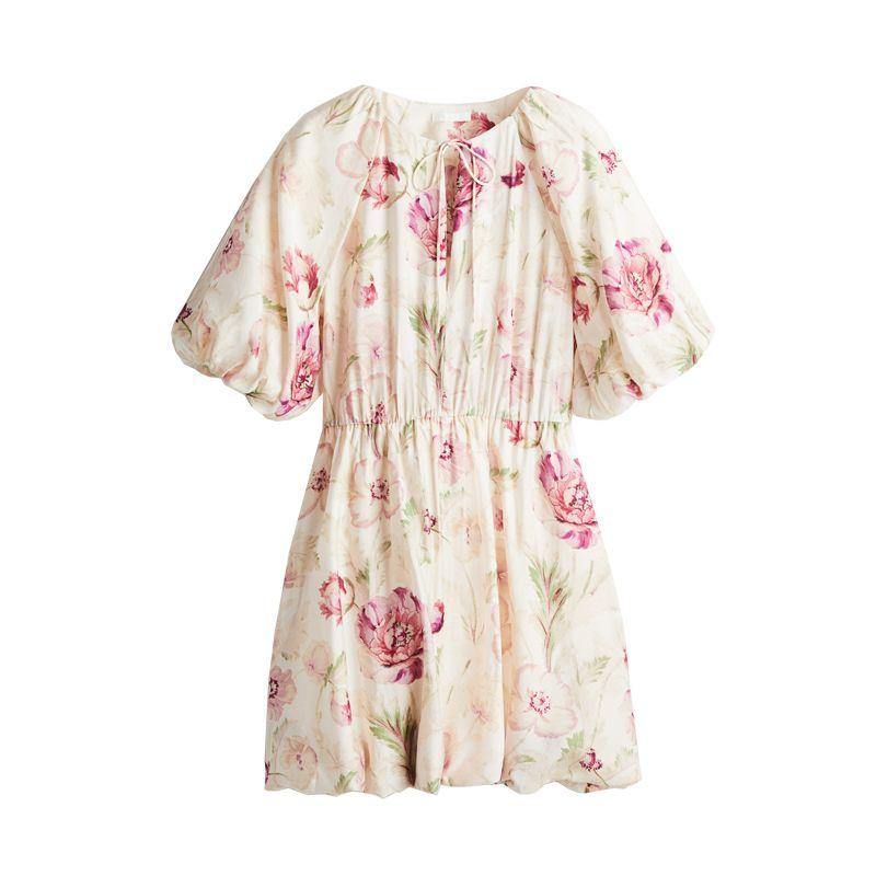 

Summer Women s Romantic Retro Style round Neck Raglan Lantern Sleeve Bubble Hem Dress 1289433 Cream L