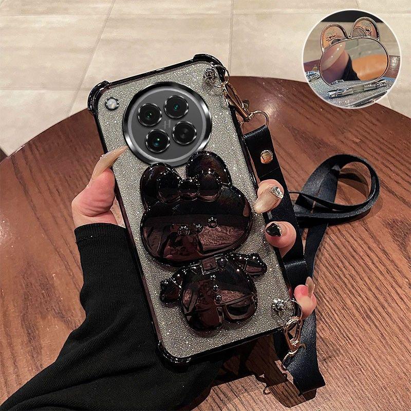 Crossbody Lanyard Shockproof Plating Case For Huawei Nova 13 Pro 12 12S 11 10 9 8 7 6 5 Pro Mirror Rabbit Stand Silicone Cover