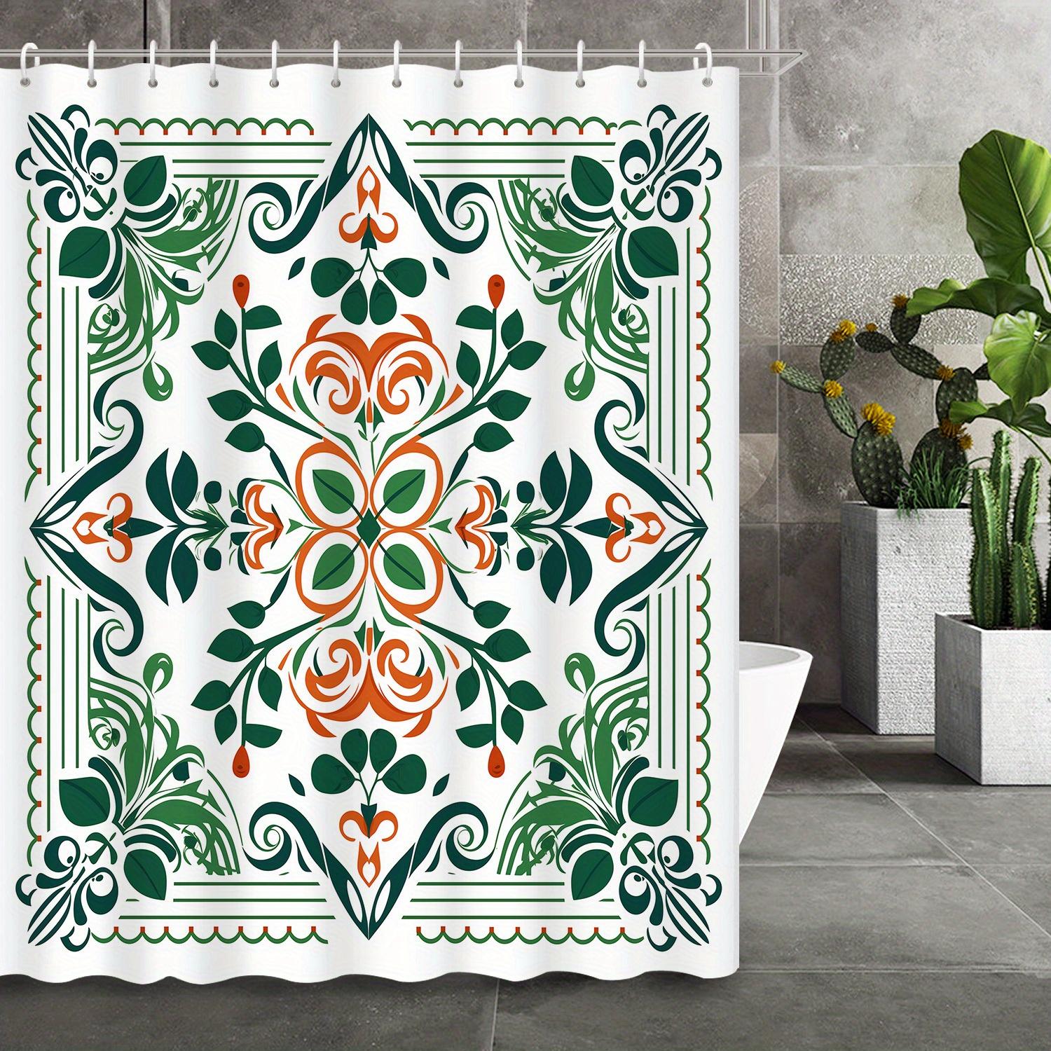 

Elegant Floral Pattern Shower Curtain - Green & Orange, Artistic Polyester Design, Machine Washable, Ideal For Bathroom Decor W60H190(CM)-1 Pcs