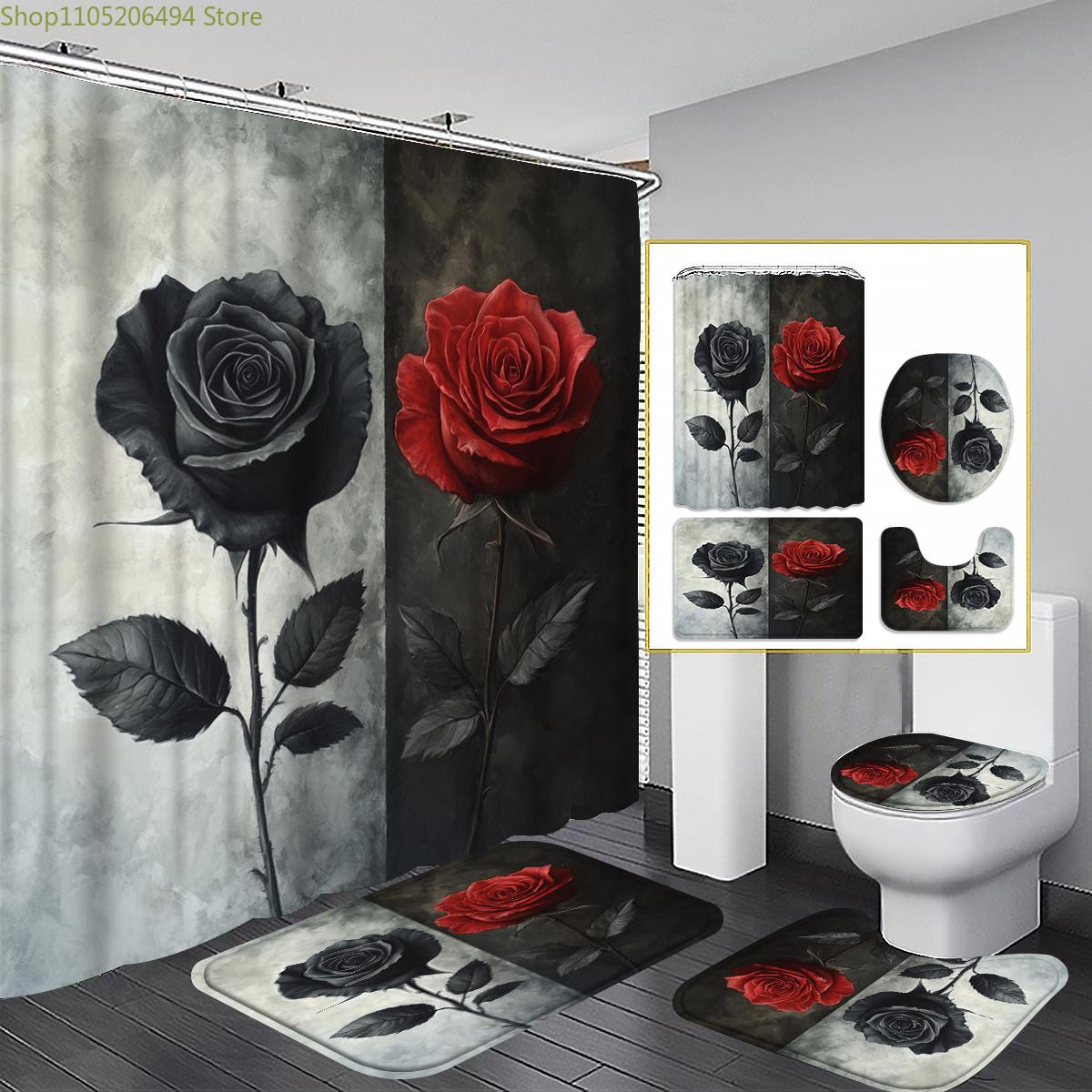 

1/3/4pcs Black and Red Roses Shower Curtain, Bathroom Decor, Shower curtain set Includes Bath Mat, U-shaped Mat, Toilet Lid Co 4pcs-Set