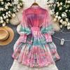 Summer Spring Women Lantern Sleeve Stand Collar Print Mini Short Beach Vacation Lace-up Dresses