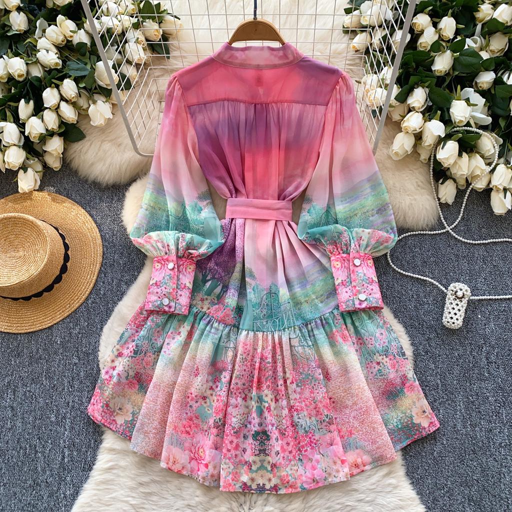 Summer Spring Women Lantern Sleeve Stand Collar Print Mini Short Beach Vacation Lace-up Dresses
