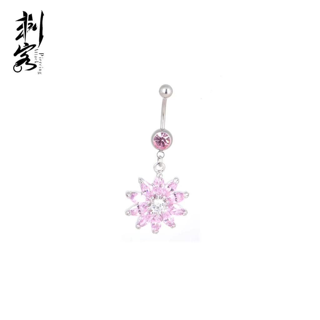 Stainless Steel Banana Rhodium Paved Crystal Flower Dangle Belly Rings Body Piercing Jewelry
