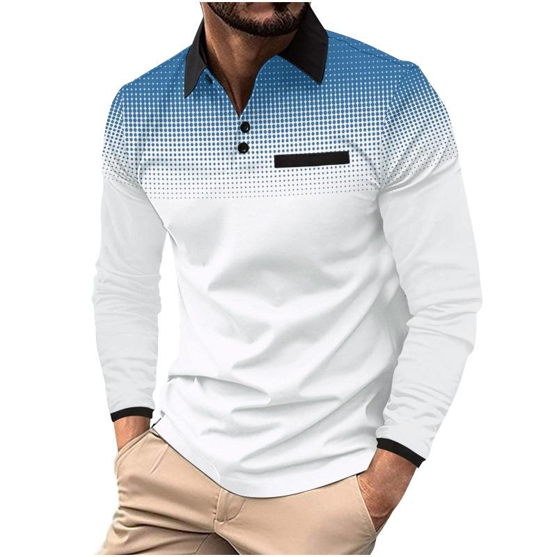 Autumn Men's Long Sleeved Polo Shirt with Printed Polka Dot Collar Sports Top