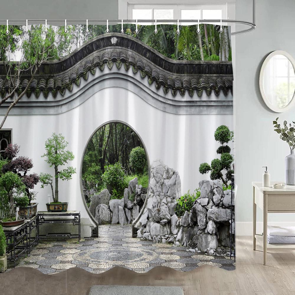 Chinese Style Garden Shower Curtains Green Bamboo Plants Arches Moon Door After Rain Landscape Polyester Bathroom Curtain Decor