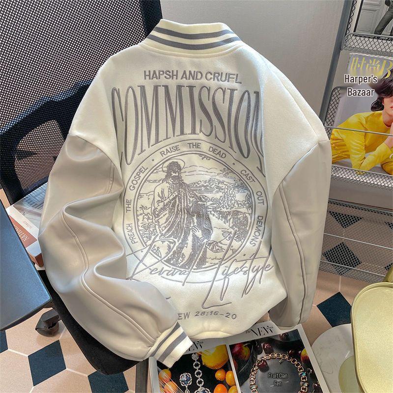 Men's Autumn/Winter Loose Fit Baseball Jacket with American Embroidery and Leather Sleeves