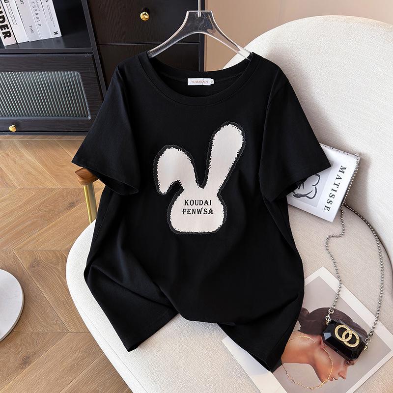 Damen Plus Size Rundhals Mittellanges Kurzarm Schlankmachendes T-Shirt (Größen 200/300/350 Jin)