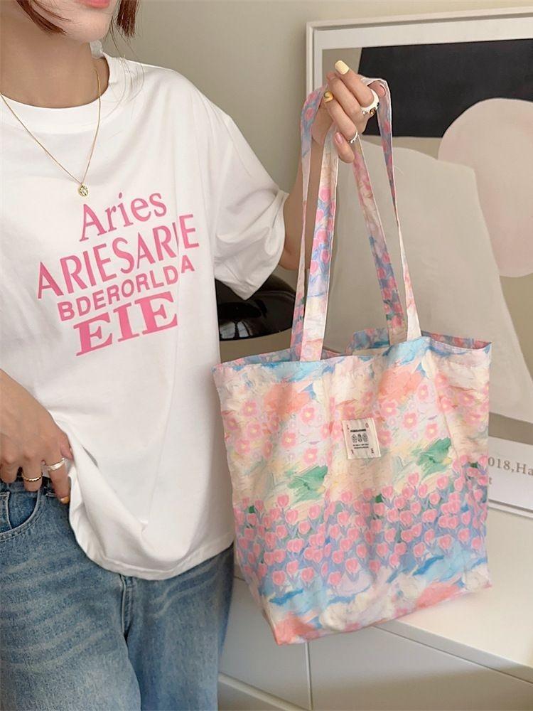 Pink Floral Canvas Tote Bag With Soft Cotton Material And Trendy Street Fashion