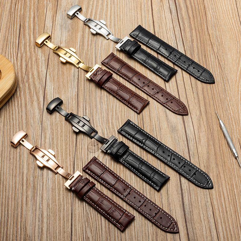Bamboo Pattern Genuine Leather Watch Strap with Soft Cowhide and Butterfly Buckle for Men and Women