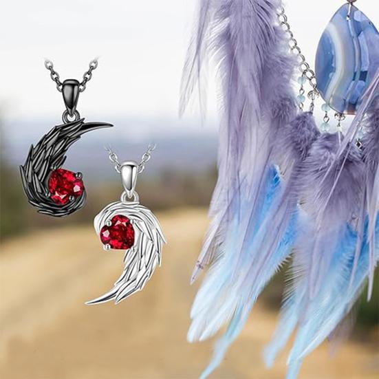 Feather Couple Necklace Red Rhinestone Feather Pendant Matching Necklace Valentine's Day Jewelry Gifts for Women Men