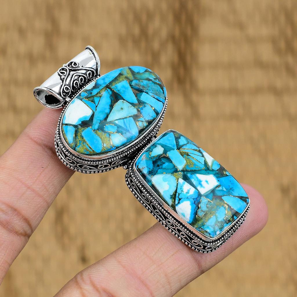 Sterling Silver Copper Blue Turquoise Stone Vintage Anniversary Pendant Jewelry