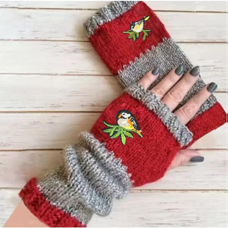 Gants en tricot sans doigts avec broderie de chat et patchwork, Gants décontractés ouverts aux doigts tendance pour femme, Mitaines chaudes d'hiver sans doigts