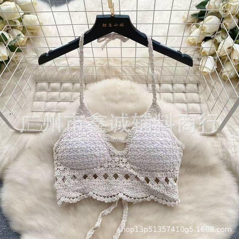 Neck small vest with chest pad, sling inside, shoulder-spilled backrest, hollow tube top, embroidered vest, women's summer short top