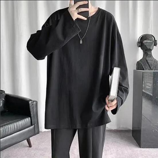 Loose Long Sleeved Sleeved T-shirt Men's Spring Autumn Pure Color Big Size Casual T-shirt