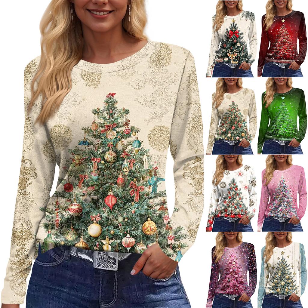 Women's Fashion Casual Slit Hem Round Neck Long Sleeve Loose Printed T-Shirt Ladies Top
