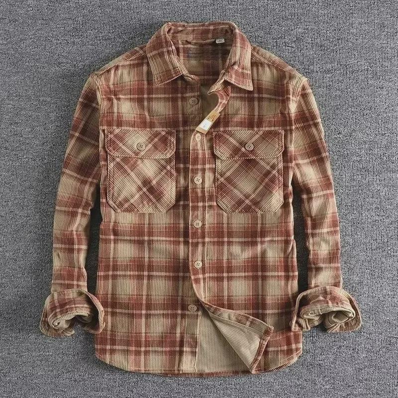 Men's Classic Plaid Corduroy Shirt - Retro Khaki, Long Sleeve, Spring/Autumn Comfort