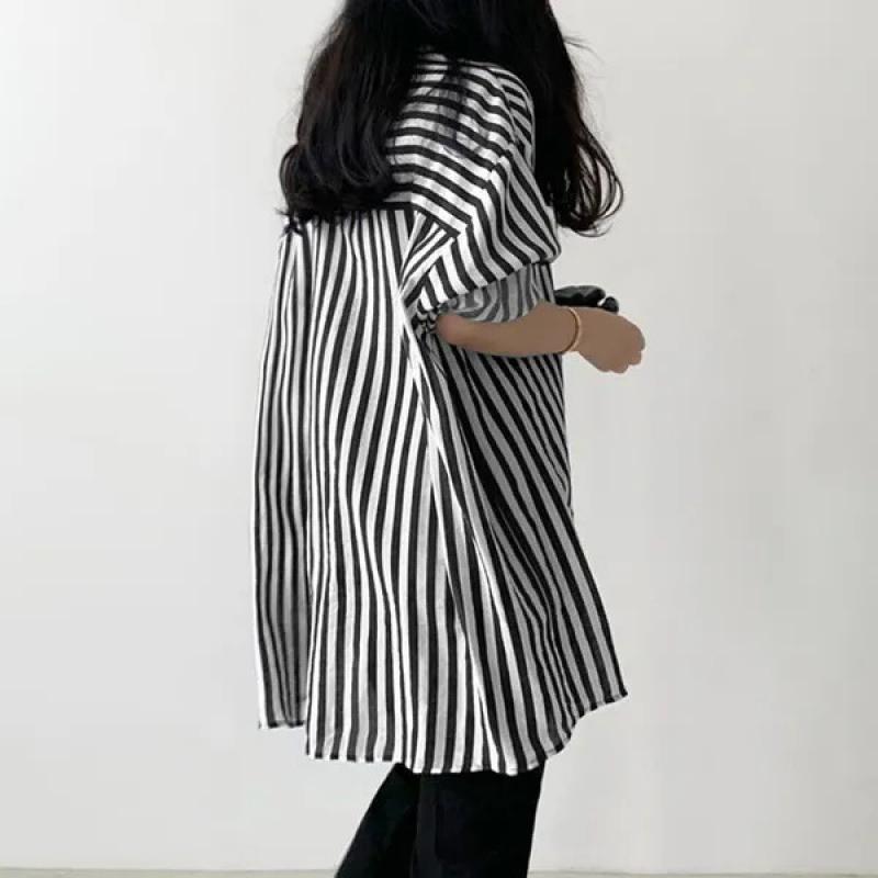 Frauen Drehen Unten Kragen Langarm Bluse Tops Frühling Sommer Lose Beiläufige Streifen Shirts