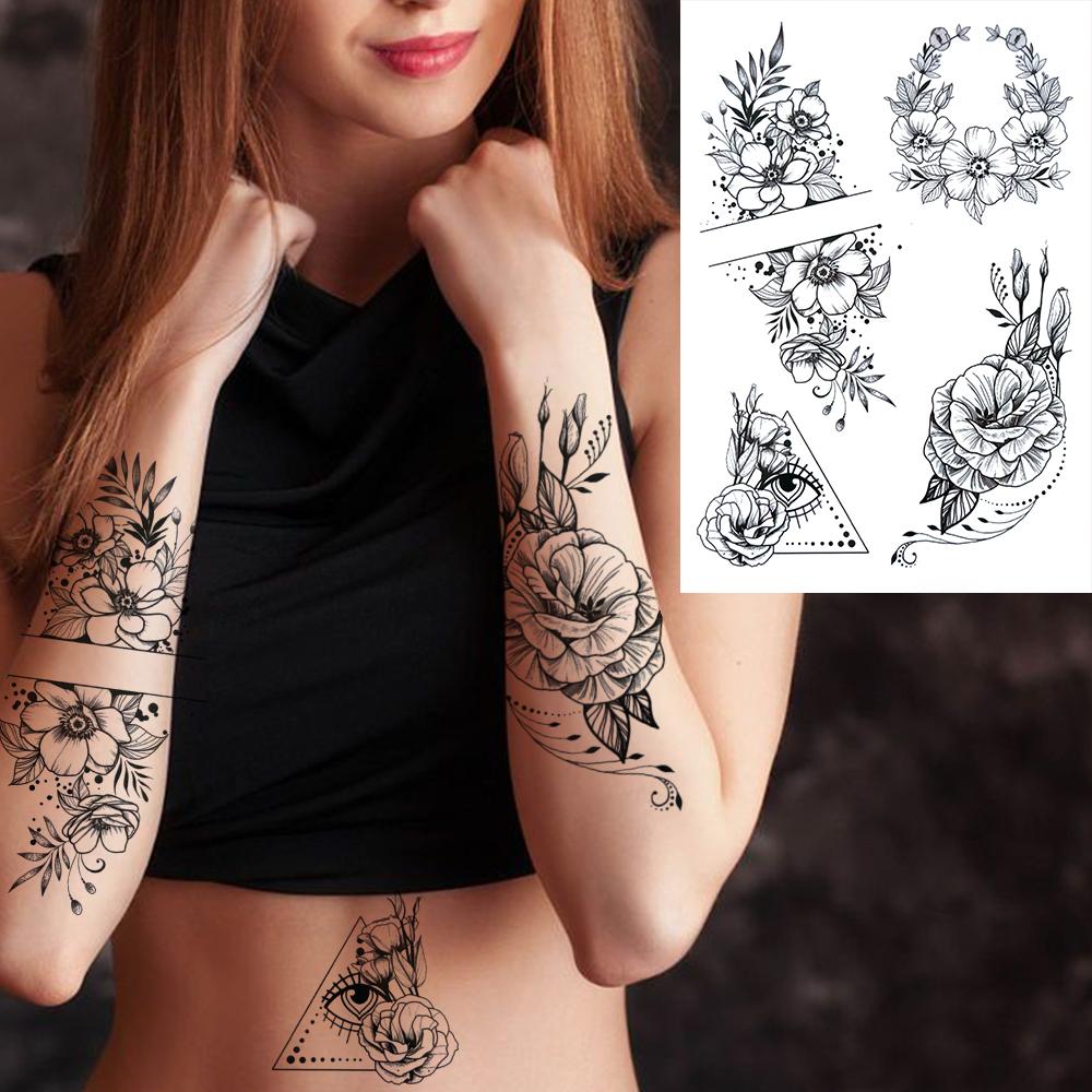 Owl Bird Temporary Tattoos For Women Fake Peony Flower Tattoo Sticker Black Body Art Drawing Tatto Diamond Crystal Jewelry Tatoo