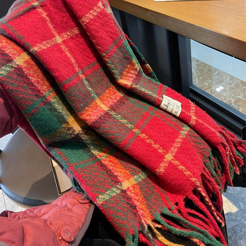 Women’s Red Plaid Tassel Scarf – Thick, Double-Sided Winter Shawl and Neck Warmer for Christmas