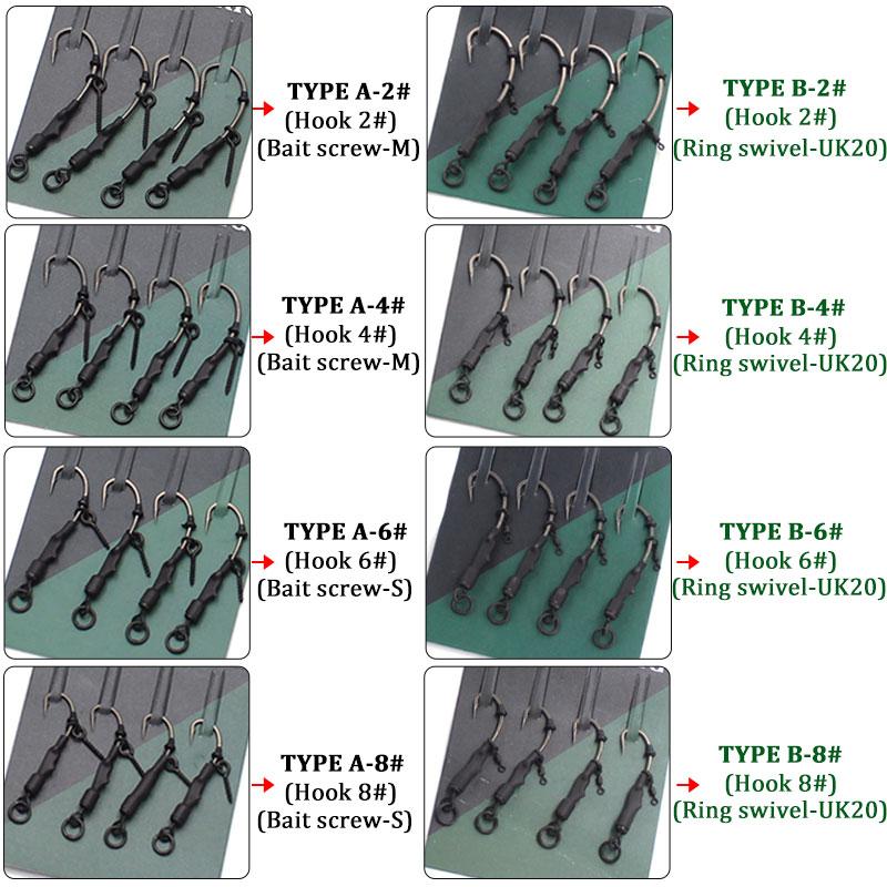 4pcs Ronnies Rigs With Bait Screw/Ring Swivel Strong Curve Shank Fishing Hook Ready Made Rig For Carp Fishing Accessories Tackle