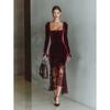 E-commerce Burgundy French Golden Velvet Fishtail New Dress Dress