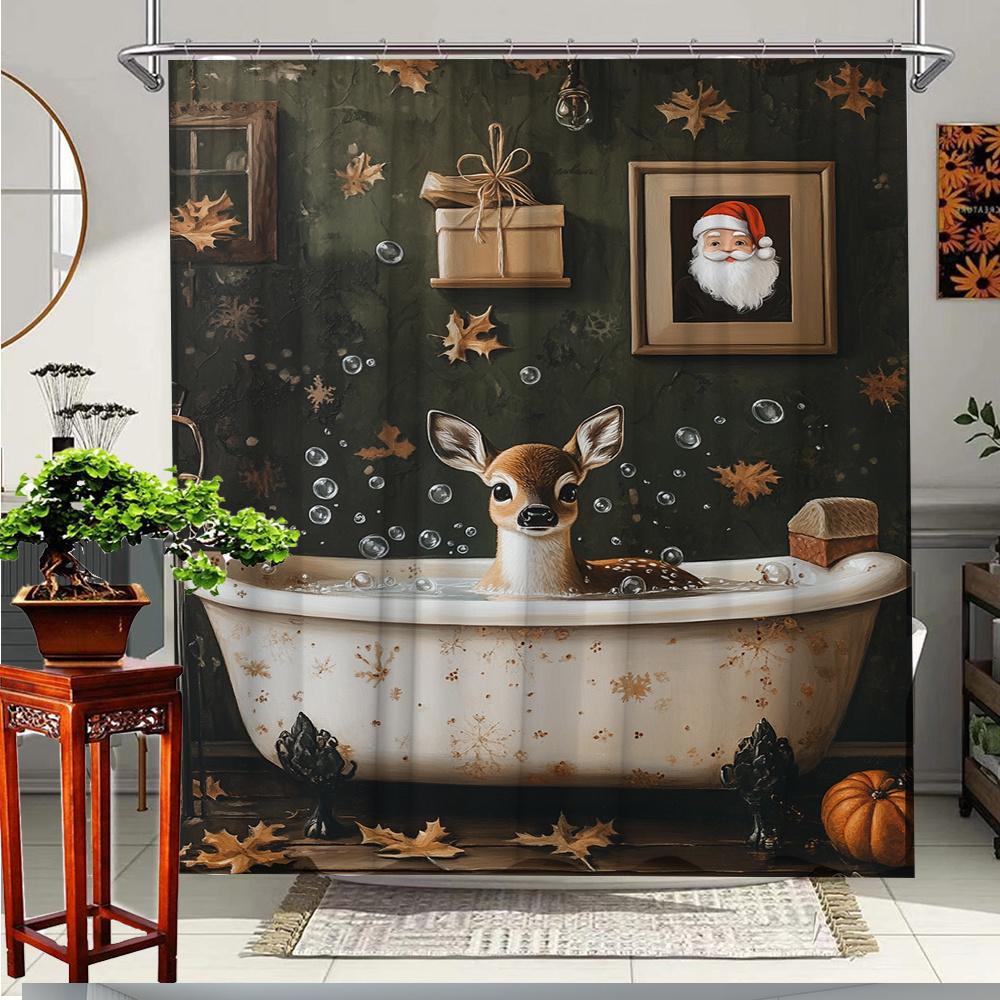 

1 шт. Зачаровательный олень в ванной занавеска для душа с изображением Санты, уютный дизайн с осенними листьями и подарками - Бохо рождественская тема для ванной 90x180cm