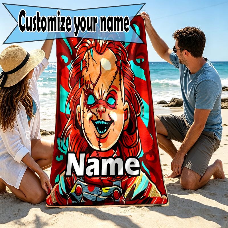 Custom Name Personalized horror movie Print Beach Towel, for Trip Camping Beach Party Home Decor, Birthday Gift for Family & Friends