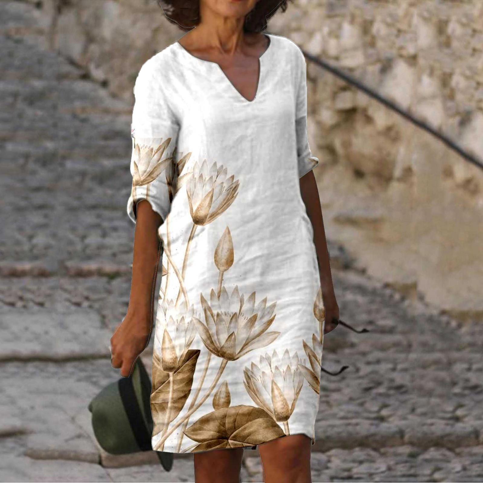 

Женское платье с v-образным вырезом и короткими рукавами, повседневное платье с принтом, пляжные платья, платье в стиле бохо XL бежевый