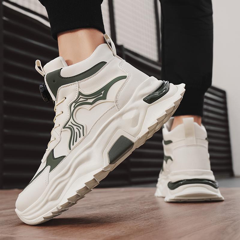 Leather High Top Sports Shoes Men's Autumn Winter New Style Student Color Block Trend Thick Bottom Heightening Dad Casual Shoes