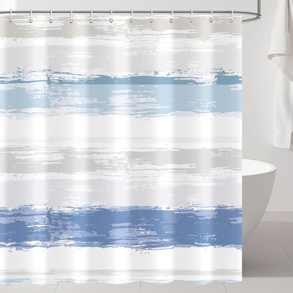Blau und Grau Gestreifter Duschvorhang, Abstrakt Modern Minimalistisch Ästhetisch Geometrisch Hotel Badezimmer Dekor Stoff Hellblau Weiß