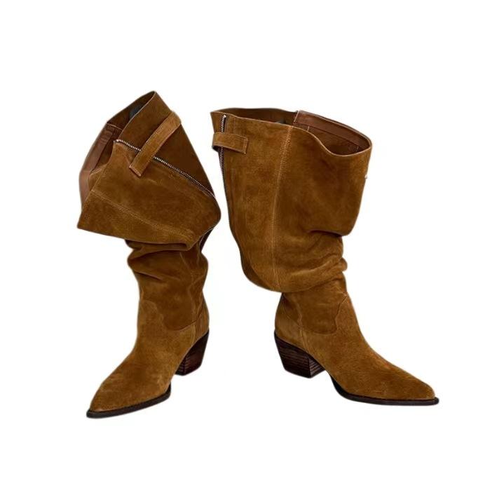 Winter Fashion Women High Boots Suede Pointed Toe Shoes Designer Mid Heels Chelsea Boots 2026 Trend New Gladiator Zapatos Femme